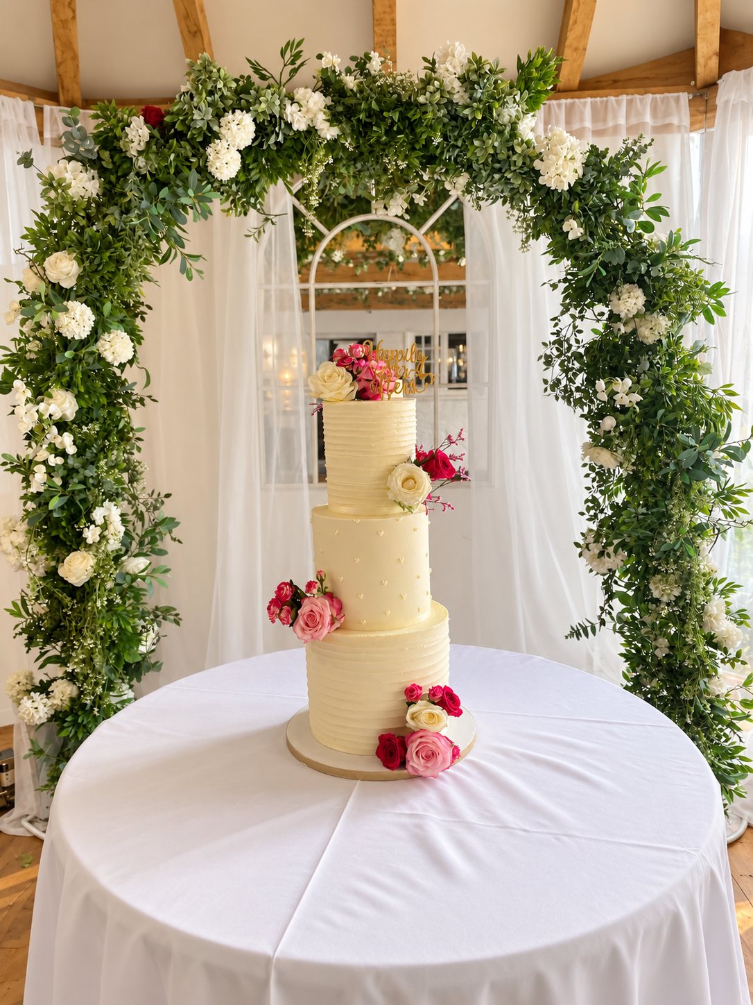Three-tier ridged buttercream wedding cake by Thistleberry Cake Studio