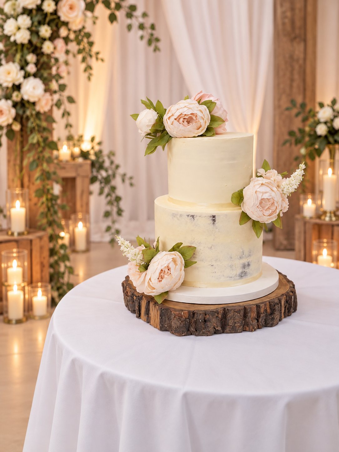 Two-tier botanical semi-naked wedding cake with blush peonies on a rustic wood slice